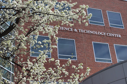 Blossoms appear in front of the Ghosh building.