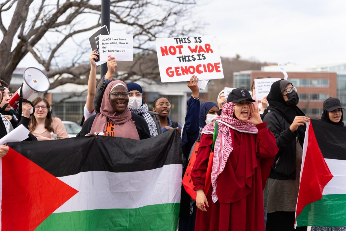 Students and others protest an IDF speaker outside of the Sullivan Academic Center.