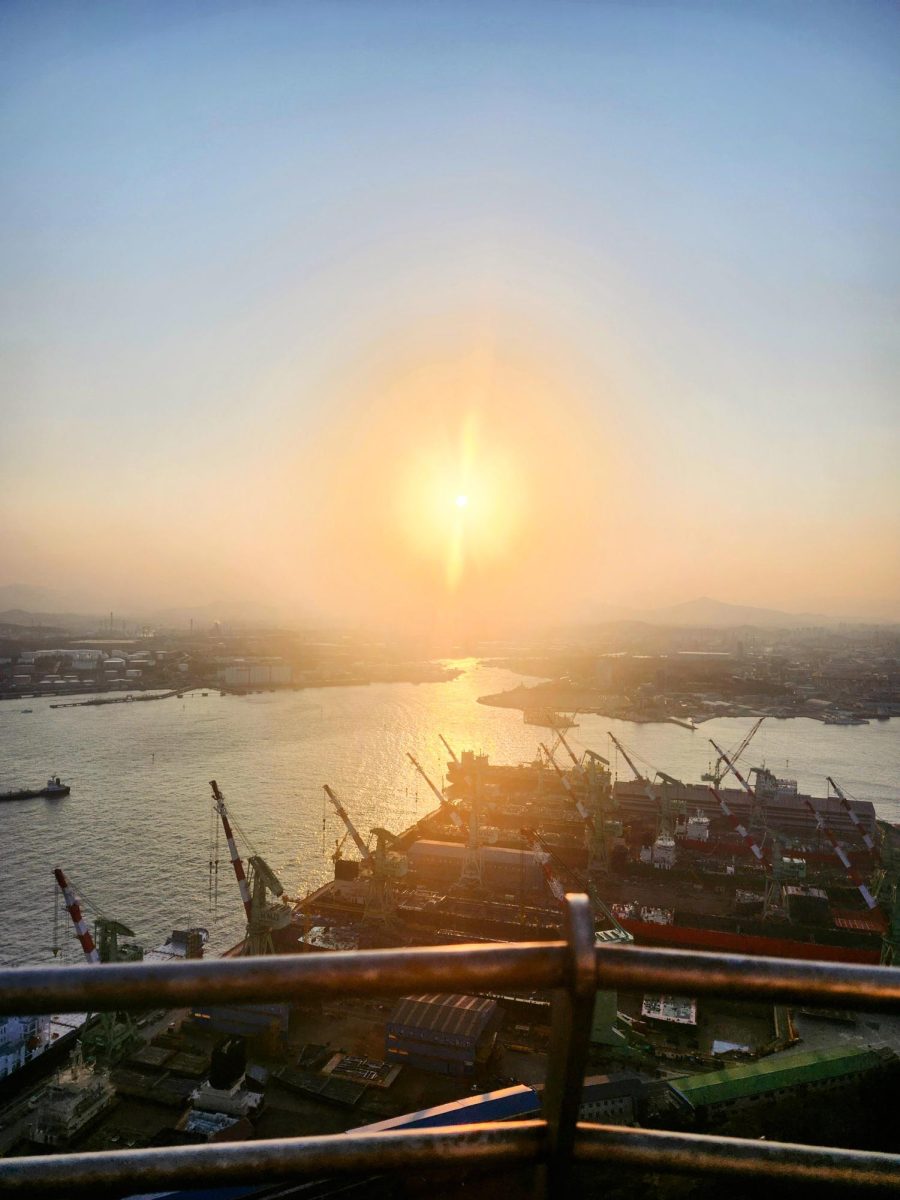 A view of the sunset overlooking Hyundai Shipyards from the Ulsan Bridge Observatory.